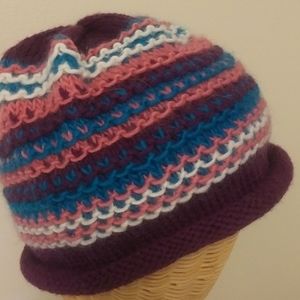 Knit Wool Beanie Hat; Violet, Mauve, Turquoise, White (Hand Knit)